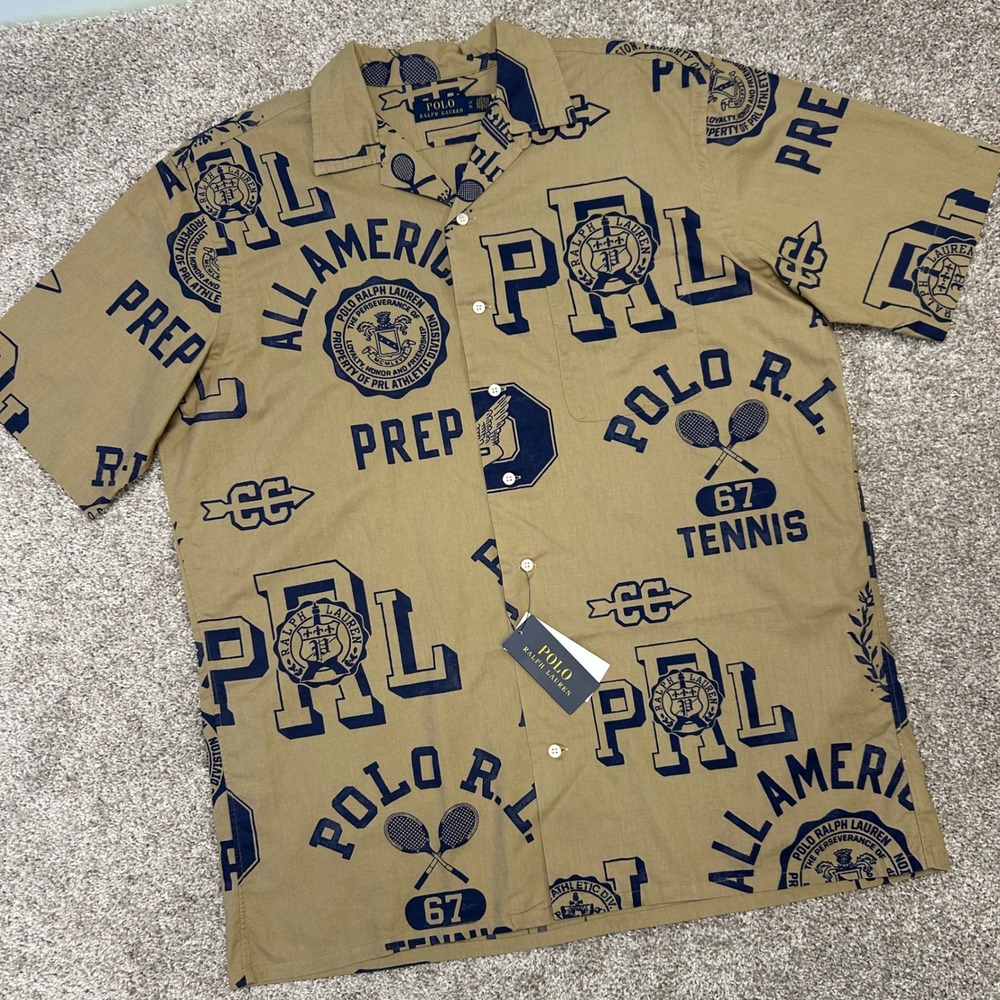 NWT Polo Ralph Lauren Linen Blend Camp Shirt American Prep Men Size Large-TALL‎